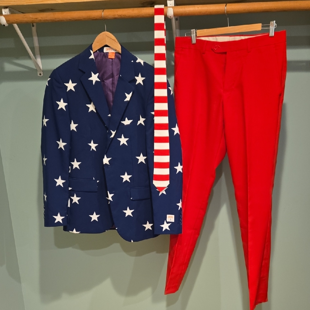 OppoSuits Blue Star Blazer with Red Pants and Striped Tie